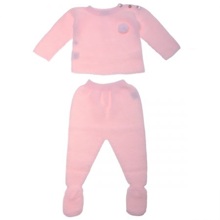 Baby Girls Pink Knitted Two Piece Set Decorated By Pom Pom