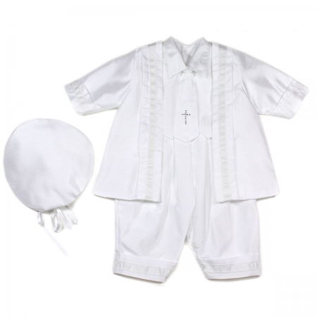 Baby boys christening outfits romper suit in white with a cross tie