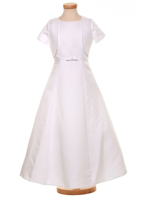 White Communion Dress With Communion Bolero Decorated By Bow And Diamantes