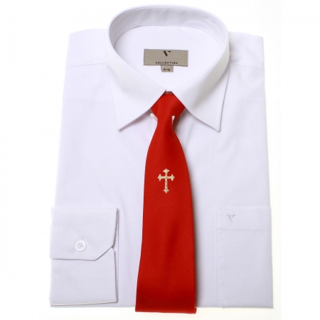 Boys communion shirt or confirmation shirt with a gold cross red tie