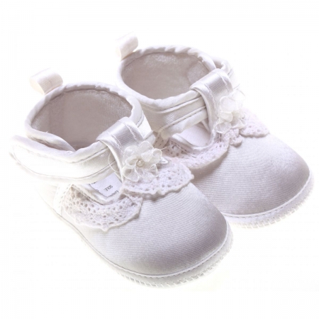 Flower and frills baby girls white satin christening shoes