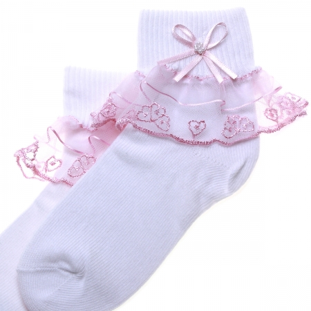 Belle Lace Frilly Socks In White With Pink Lace Trim #2