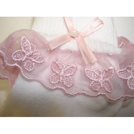 Butterfly Lace Frilly Socks in White with Pink Trims #2