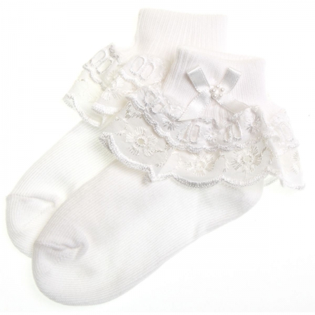 Cascade flower embroidered frilly socks in white
