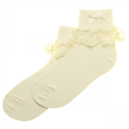 Cherry Lace Girls Ivory Frilly Socks With Bow