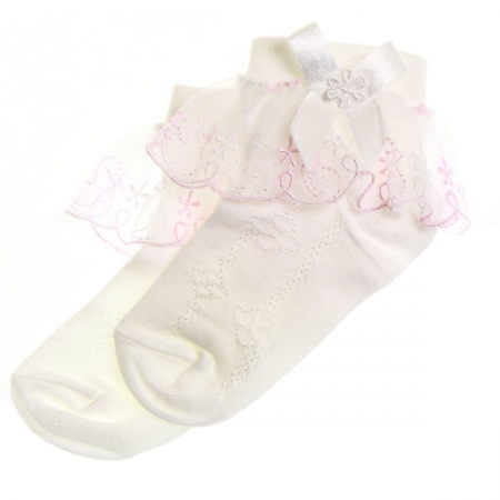 Girls cotton lacy socks with duck patterns off white pink
