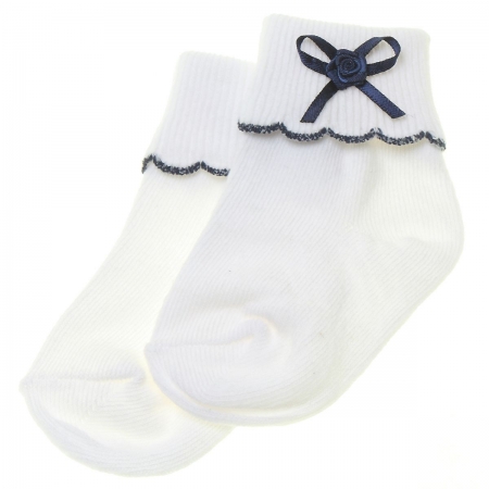 White Socks With Navy Scallop Edge and Navy Bow