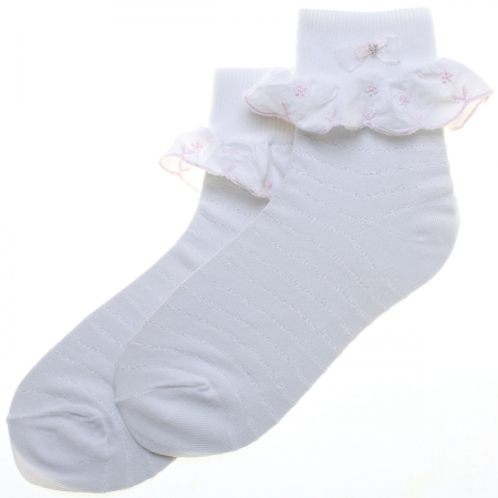 Pex Kirsten Lace Girls White Fine Dress Socks Pink Daisy