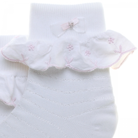 Pex Kirsten Lace Girls White Fine Dress Socks Pink Daisy #2
