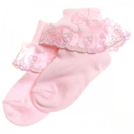 Baby girls frilly socks in pink with ladybird pattern