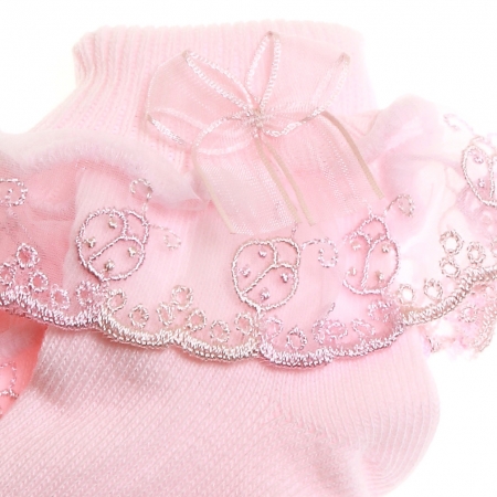 Baby girls frilly socks in pink with ladybird pattern #2