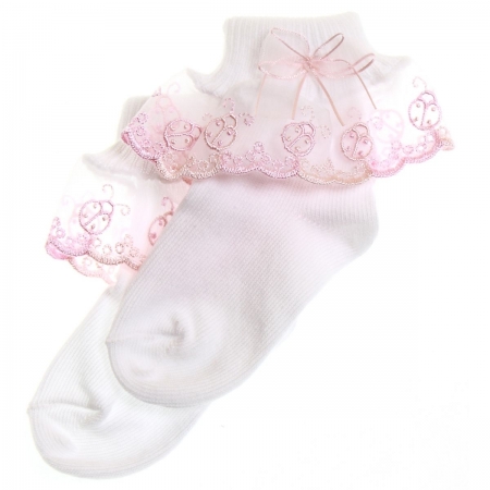 Girls socks in white with pink frills and ladybird pattern