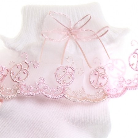 Girls socks in white with pink frills and ladybird pattern #2