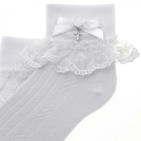 Girls White Communion Socks in Daisy Lace With Bow And Cross #2