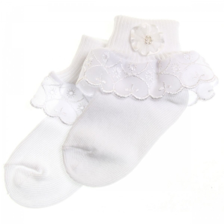 Girls white frilly socks with rosette