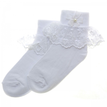 Girls White Socks With Flower Lace And Bow