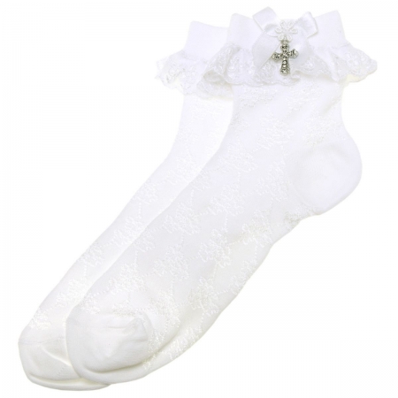 Communion Socks In Daisy Lace Decorated With A Cross