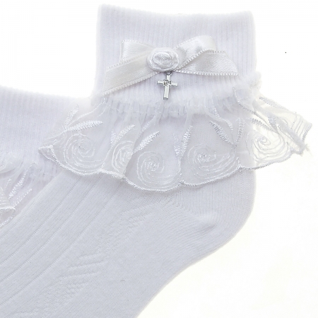 Girls White Swirl Lace Bow Communion Socks With A Cross #2