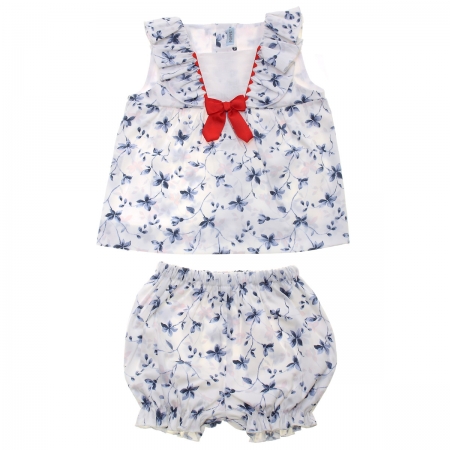 Spanish Popys Baby White Blue Floral Long Top And Frilly Panty Shorts Set