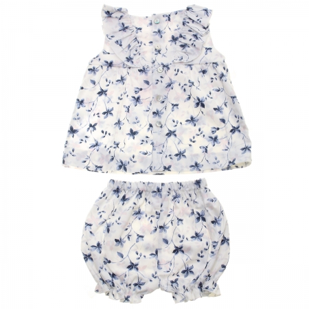 Spanish Popys Baby White Blue Floral Long Top And Frilly Panty Shorts Set #2