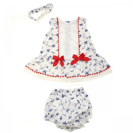 Spanish Popys Baby Girls White Blue Floral Dress Frilly Panty Headband Set