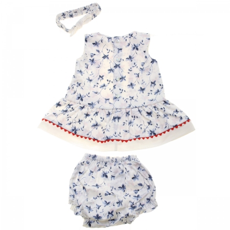 Spanish Popys Baby Girls White Blue Floral Dress Frilly Panty Headband Set #2