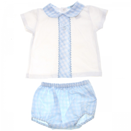 Spanish Popys Baby Boys White Blue Gingham 2 Piece Set