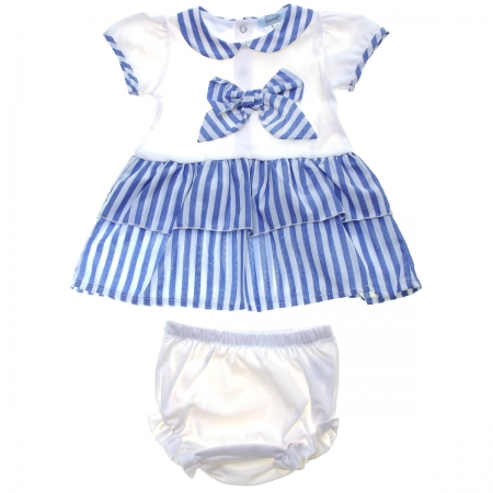 Spanish Popys Baby Girls White Blue Stripes Dress Panty Set