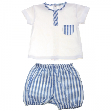 Spanish Popys Baby Boys White Top Blue Stripes Shorts Set Blue Stripes Pocket