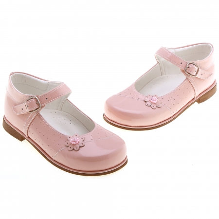 Girls classic Mary Janes Pink Patent Shoes Leather Flowers And Beads #2