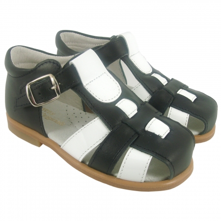 Boys Dark Navy And Patent White Roman Leather Sandals