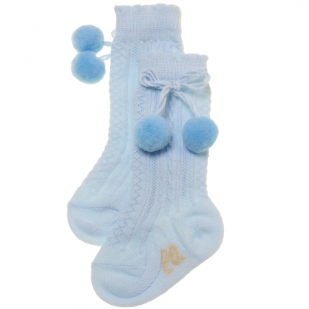 Pretty Originals Baby Knee High Baby Blue Brown Pom Pom Socks Scallop Edge