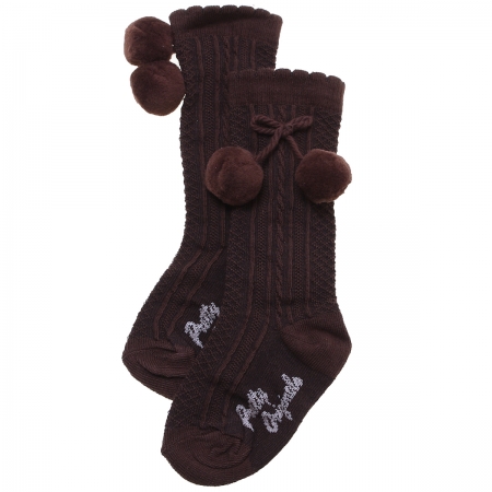 Pretty Originals Baby Knee High Choco Brown Pom Pom Socks Scallop Edge