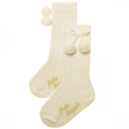 Pretty Originals Baby Knee High Ivory Pom Pom Socks Scallop Edge