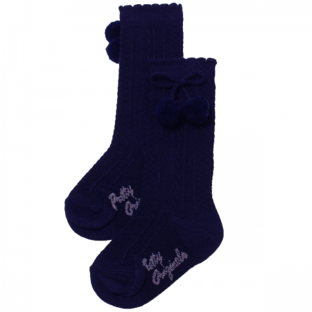 Pretty Originals Baby Knee High Navy Pom Pom Socks Scallop Edge