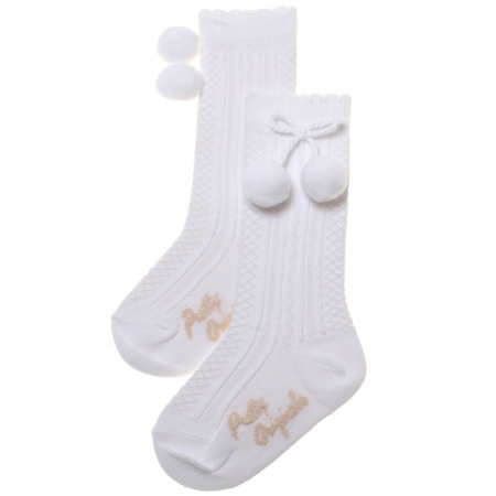 Pretty Originals Baby Knee High White Pom Pom Socks Scallop Edge