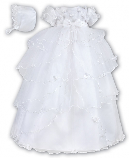 Girls Christening Gown And Bonnet White Layered by Sarah Louise
