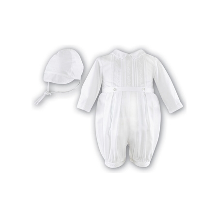 Boys white or blue or ivory christening romper suit with hat long sleeved