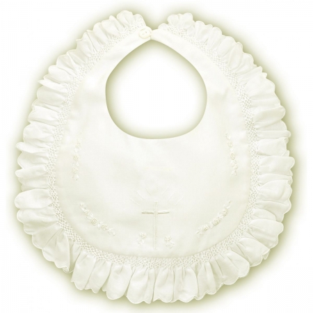Ivory smocking christening bib with a cross