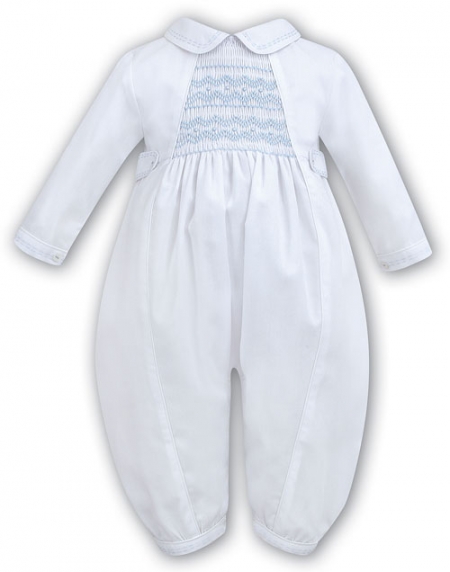 Sarah Louise Baby Boys White Christening Romper With Blue Smocking Style 219