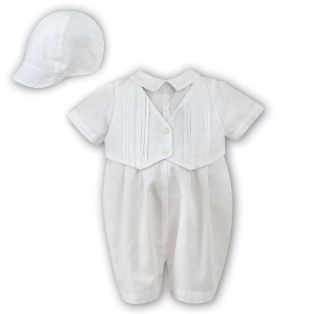 Sarah Louise Baby Boys All in One Pleated Ivory Romper Outfit With Hat