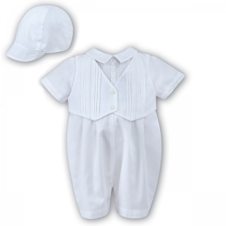 Baby Boys All in One Pleated White Romper Outfit With Hat