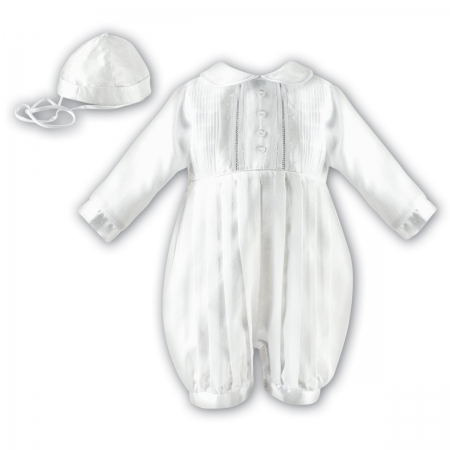 Silk Imitation Sarah Louise Boys White Long Sleeve Christening Baptism Romper With Hat
