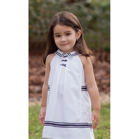 Sarah Louise Girls Summer White Navy Dress Sailor Styled #2