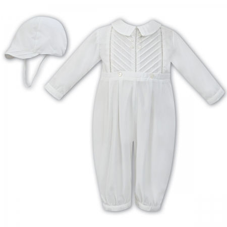 Sarah Louise Baby Boys Side Pleated Ivory Romper With Hat