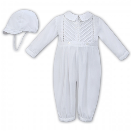 Sarah Louise Baby Boys Side Pleated White Romper With Hat