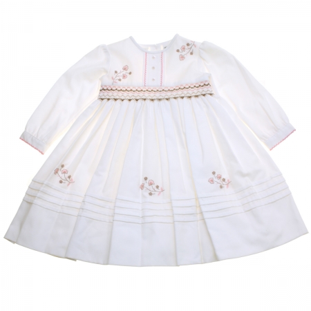 Sarah Louise Girls Ivory Smocked Dress Pink Floral Embroideries