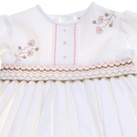 Sarah Louise Girls Ivory Smocked Dress Pink Floral Embroideries #3