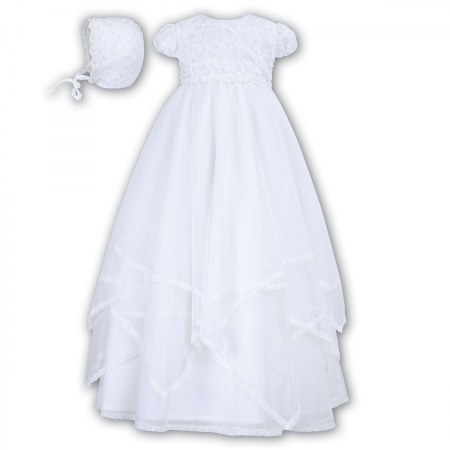 Baby Girls Flowers And Multi Layers Net White Christening Gown