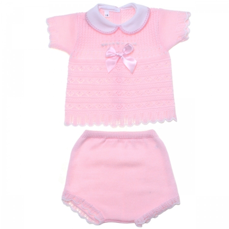 Baby Girls Pink Knitted Shorts Set With Pink Bow